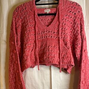 POL Open-Knit V-Neck Cropped Sweater in Coral